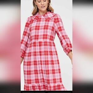 Elegant Red and Pink Plaid Midi Dress